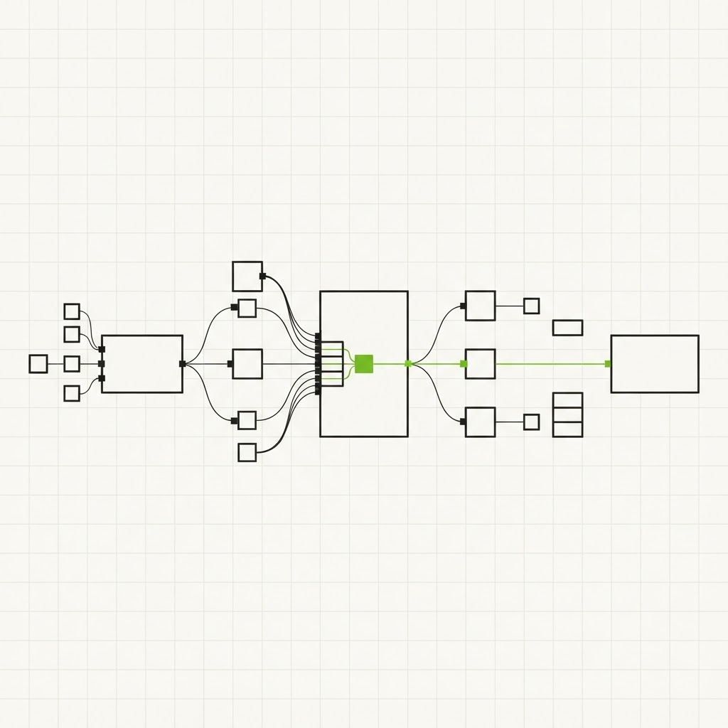 Diagrama editorial de un flujo comercial inmobiliario automatizado: captación de leads, centralización y reporting.